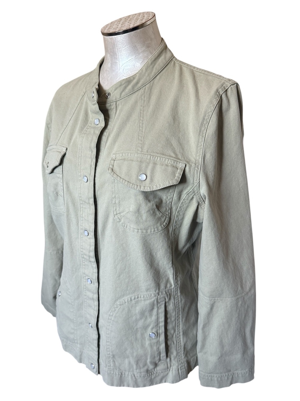 J.Jill Green Khaki Snap Front Utility Jacket Medium Cotton Stretch Cargo Shacket